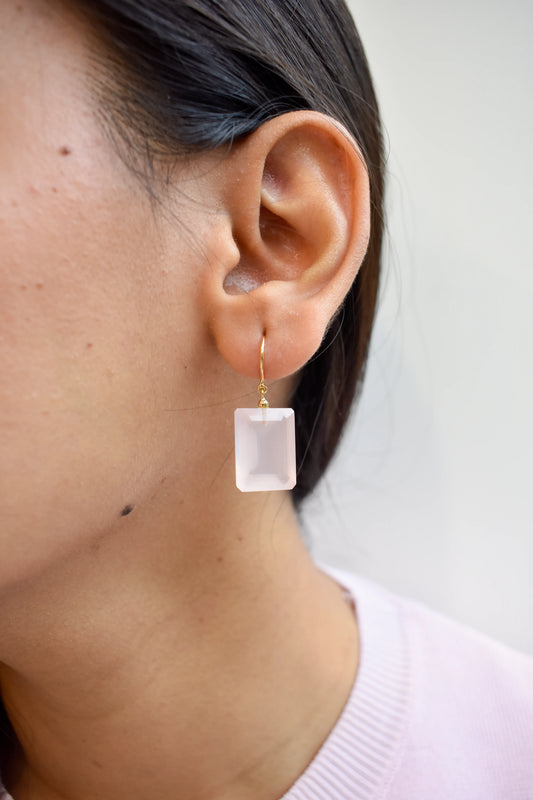 18K gold drop earrings with emerald-cut rose quartz