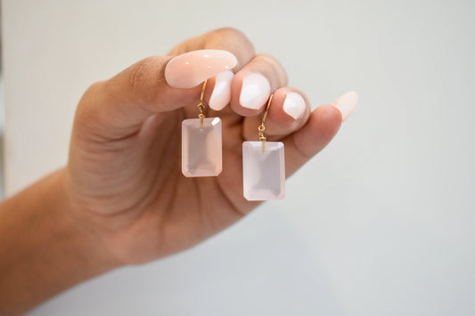 18K gold drop earrings with emerald-cut rose quartz