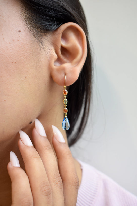 18K gold chain drop earrings with sapphire and blue topaz briolette