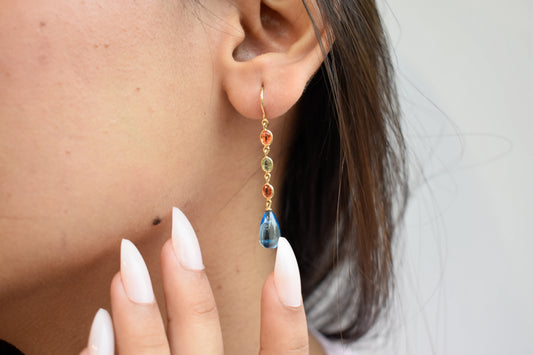 18K gold chain drop earrings with sapphire and blue topaz briolette