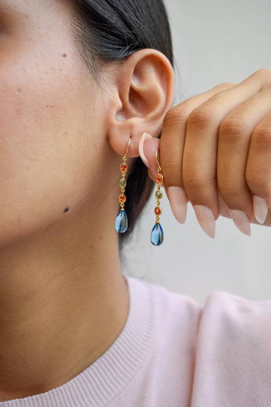 18K gold chain drop earrings with sapphire and blue topaz briolette