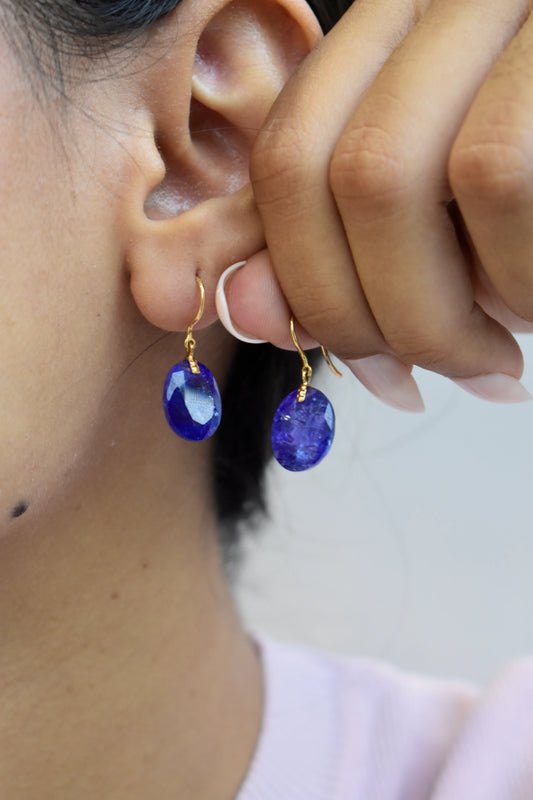 18K gold earrings with raw tanzanite nugget drops