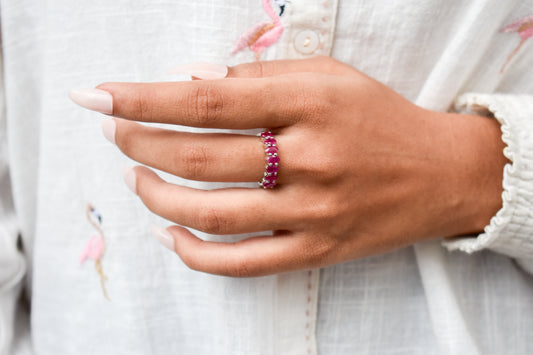 Ruby seven stone row ring in 925 silver