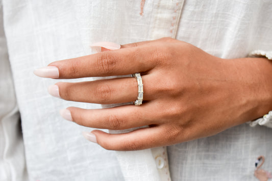 Opalescent white baguette eternity ring in 925 silver
