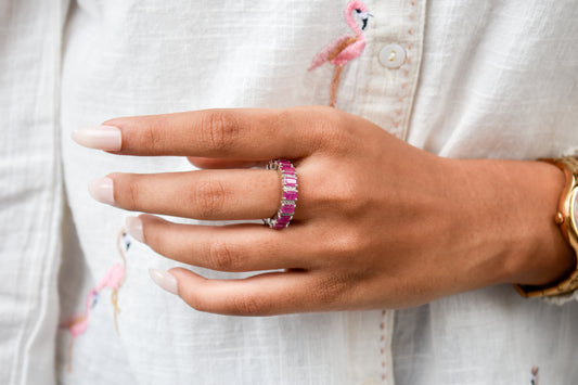 Vivid pink gemstone emerald-cut eternity ring in 925 silver