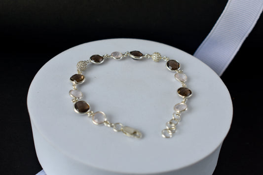 Smoky quartz and rose quartz bracelet with pave cubic zirconia accents in 925 silver
