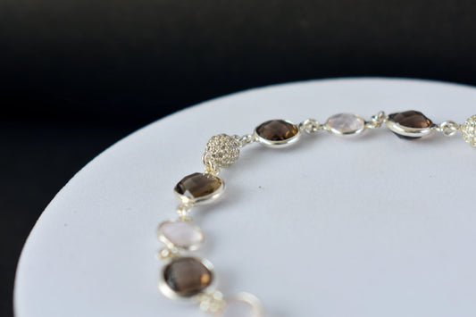 Smoky quartz and rose quartz bracelet with pave cubic zirconia accents in 925 silver