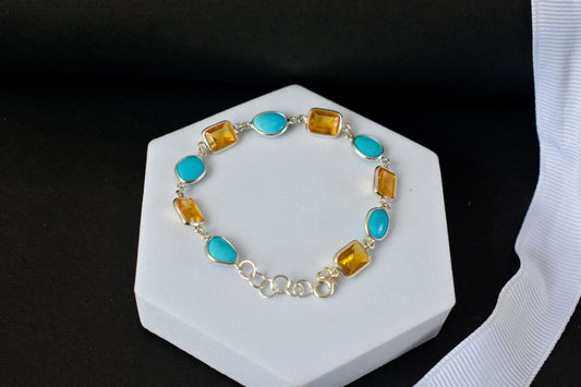 Citrine and turquoise bracelet with bezel-set stones in 925 silver