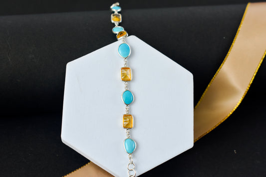 Citrine and turquoise bracelet with bezel-set stones in 925 silver