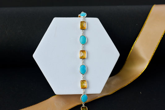 Citrine and turquoise bracelet with bezel-set stones in 925 silver