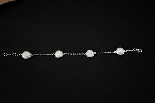 Coin pearl station bracelet with bezel-set pearls on a 925 silver chain