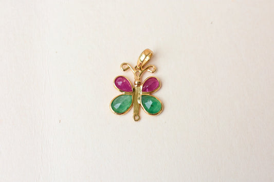 18K gold butterfly pendant with ruby and emerald pear-shaped wings