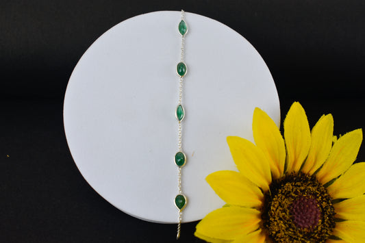 925 silver emerald by the yard bracelet with bezel-set round and pear-cut emeralds