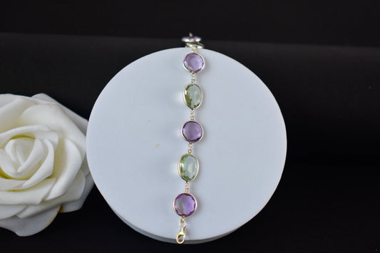 925 silver station bracelet with bezel-set amethyst and green amethyst stones