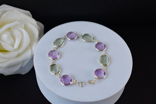 925 silver station bracelet with bezel-set amethyst and green amethyst stones