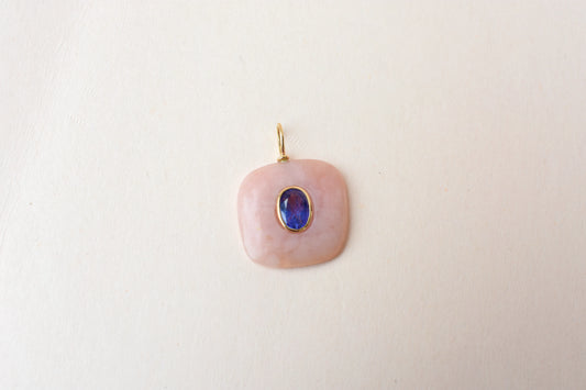 18K gold pendant with pink opal slab and tanzanite centre stone