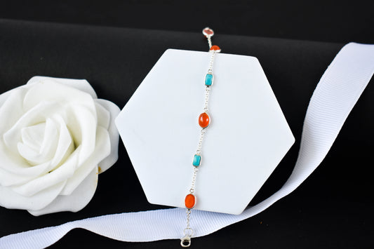 925 silver bracelet with bezel-set carnelian and turquoise cabochons and lobster clasp