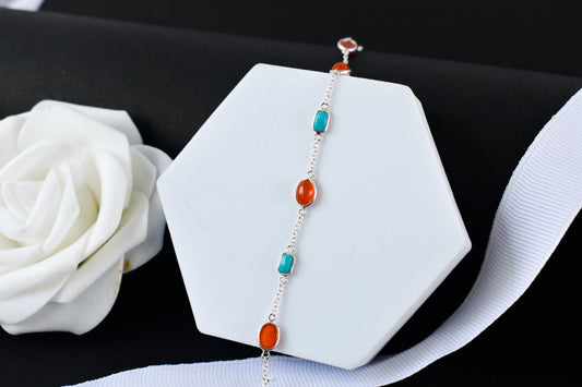 925 silver bracelet with bezel-set carnelian and turquoise cabochons and lobster clasp