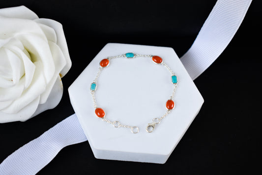 925 silver bracelet with bezel-set carnelian and turquoise cabochons and lobster clasp