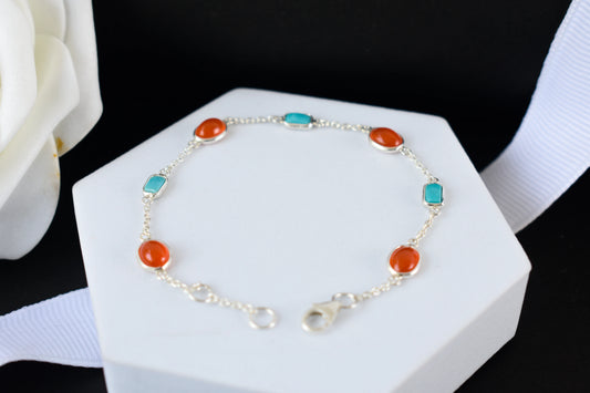 925 silver bracelet with bezel-set carnelian and turquoise cabochons and lobster clasp