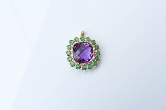 18K gold pendant with checkerboard amethyst and emerald cabochon halo