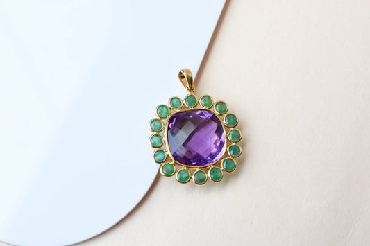 18K gold pendant with checkerboard amethyst and emerald cabochon halo