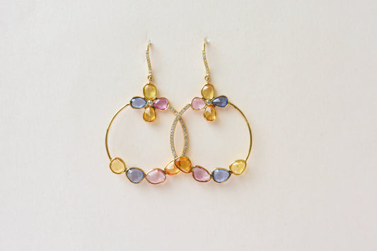 18K gold hoop earrings with sapphire, citrine and diamond flower