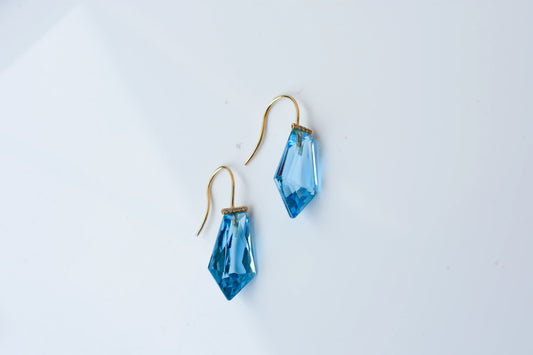 18K gold blue topaz drop earrings with diamond accent