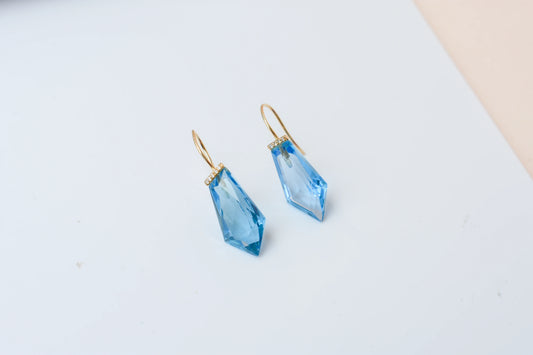 18K gold blue topaz drop earrings with diamond accent