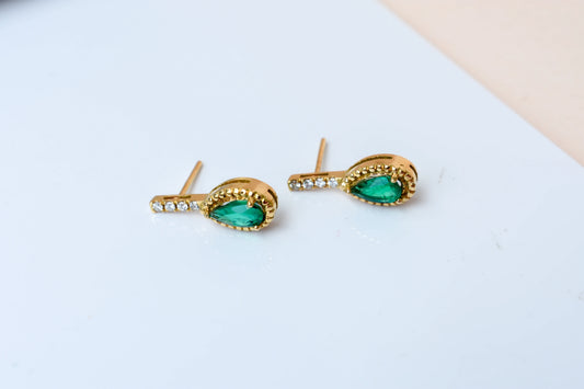 18K gold stud earrings with emerald and diamond accents