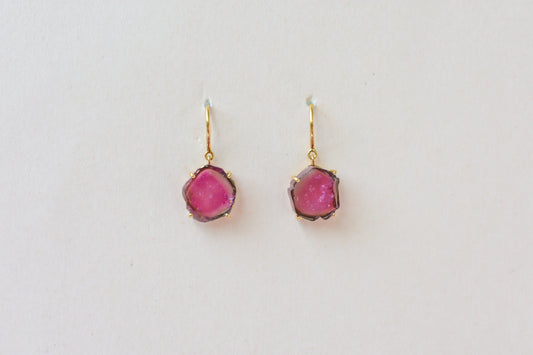 18K gold earrings with raw watermelon tourmaline slices