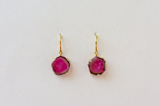 18K gold earrings with raw watermelon tourmaline slices