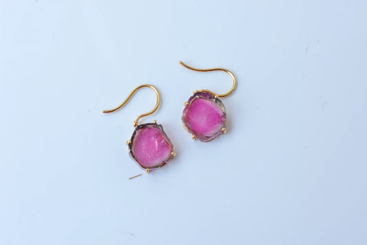 18K gold earrings with raw watermelon tourmaline slices