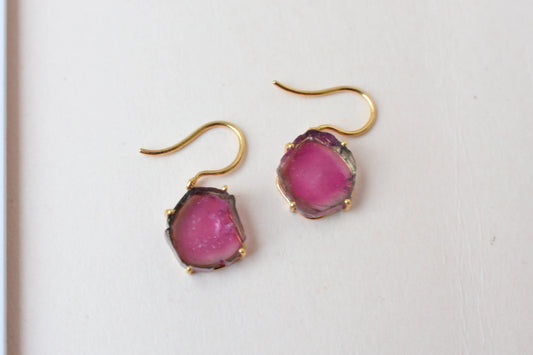 18K gold earrings with raw watermelon tourmaline slices