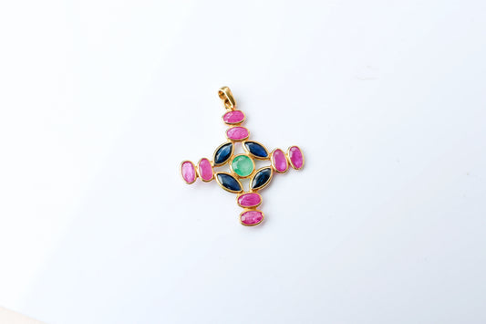 18K gold cross pendant with ruby, sapphire, and emerald