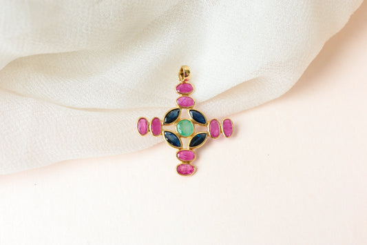 18K gold cross pendant with ruby, sapphire, and emerald