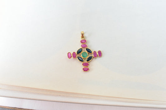 18K gold cross pendant with ruby, sapphire, and emerald