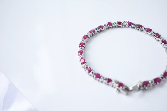 Ruby and cubic zirconia tennis bracelet with round stones set in 925 silver