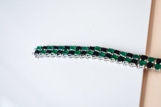 Malachite and onyx mosaic bracelet with square-cut stones set in 925 silver