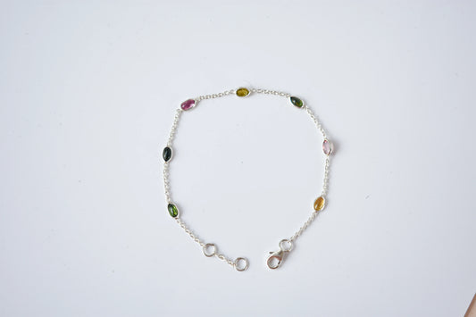 Multi tourmaline by the yard bracelet with bezel-set stones on a 925 silver chain