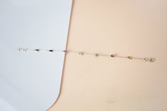 Multi tourmaline by the yard bracelet with bezel-set stones on a 925 silver chain