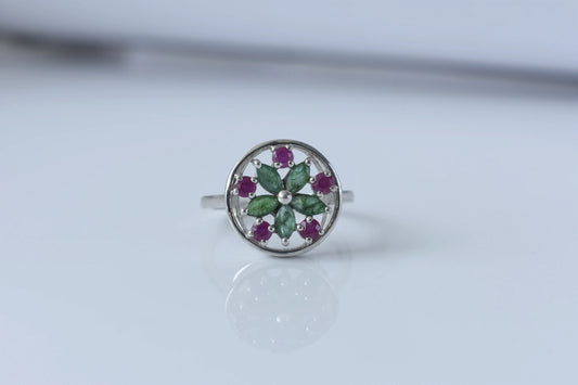 Emerald and ruby flower cluster ring in 925 silver