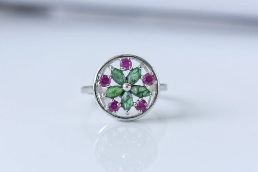 Emerald and ruby flower cluster ring in 925 silver
