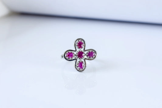 Ruby clover flower ring in 925 silver