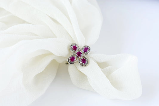 Ruby clover flower ring in 925 silver