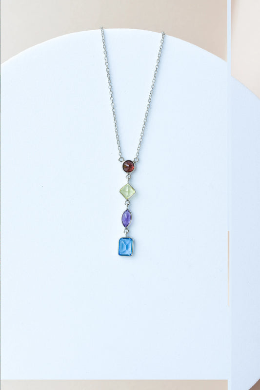 Multi Gemstone Drop Necklace in Silver | Mixed Shapes