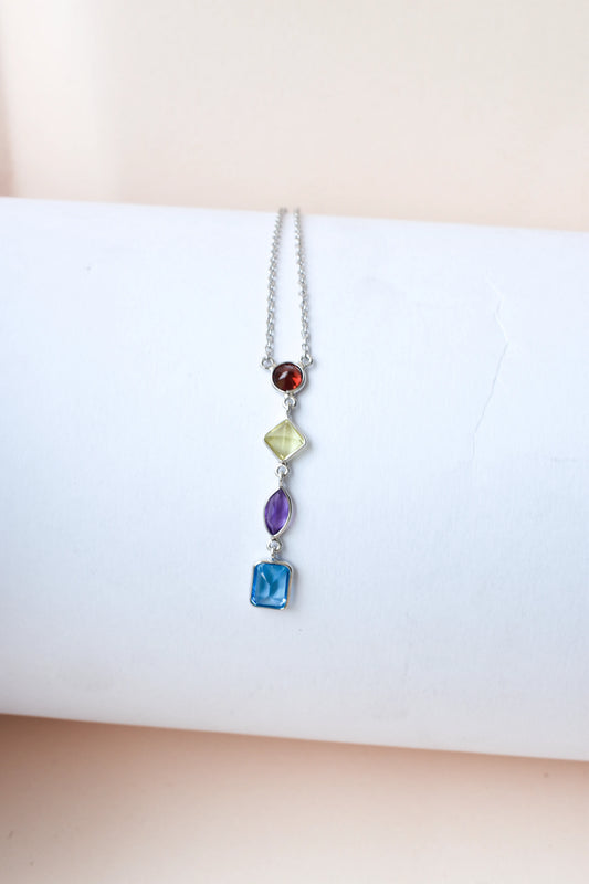 Multi Gemstone Drop Necklace in Silver | Mixed Shapes