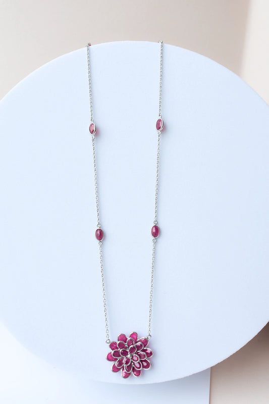 Ruby Flower Necklace in Silver | Station Chain