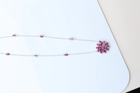 Ruby Flower Necklace in Silver | Station Chain