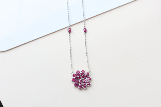 Ruby Flower Necklace in Silver | Station Chain